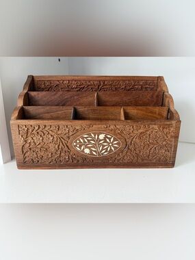 Carved Wooden Organizer with Inlay Floral Medallion